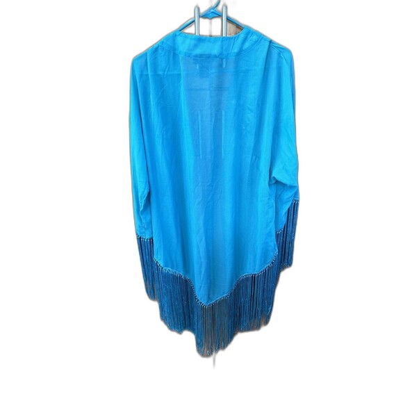 Ashley Stewart Turquoise Kimono Cardigan Cover Up 12 Sheer Open Front Fringe - Picture 8 of 10